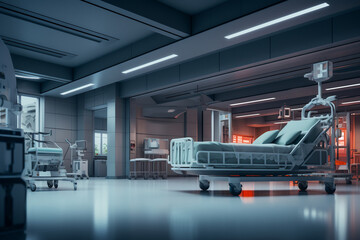 Obraz premium Hospital intensive care ward with empty beds. Modern clinic with advanced equipment. Best medical healthy treatment center