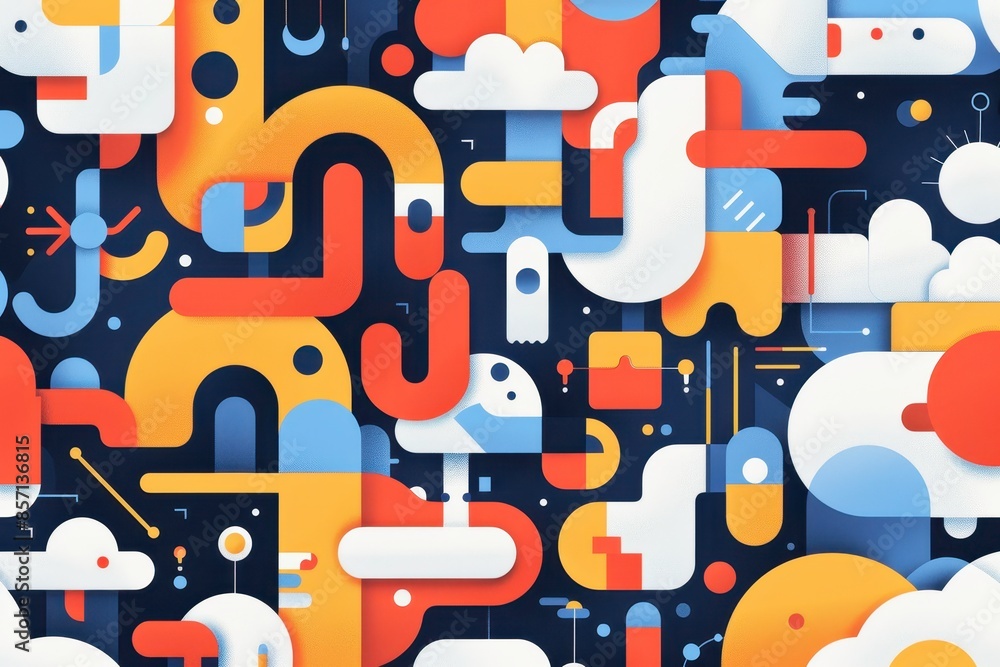 Poster Abstract geometric illustration with colorful shapes and patterns. Modern and playful design ideal for backgrounds or creative projects.