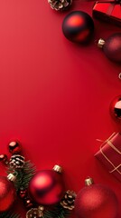 Red Christmas ornaments, pine cones, and gift boxes on a red background.  Perfect for a festive holiday card.