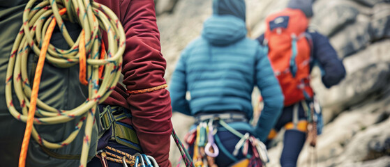 Obraz premium Hikers in colorful puffy jackets navigate the rocky terrain, their gear indicative of a challenging expedition through the rugged mountains.