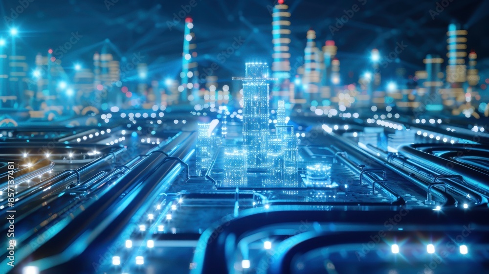 Poster futuristic digital cityscape with glowing lights and circuit-like structures, representing advanced 