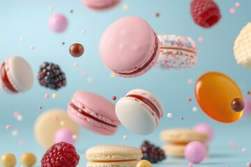 Obraz premium Colorful floating macarons, berries, and sweets on a blue background. Bright and delicious treats in mid-air creating a playful and enticing scene.