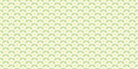 A seamless pattern of white flowers on a lime green background, in the style of cute, a simple vector illustration, kawaii aesthetic, symmetrical grid
