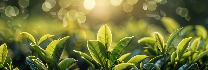 the tops of green tea leaves in the warm rays of the sun