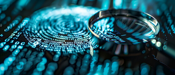 Magnifying glass focusing on a digital fingerprint nestled in an ocean of glowing blue binary code, symbolizing cybersecurity and data analysis.