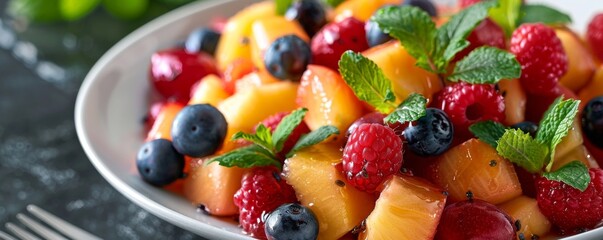 Freshly made fruit salad with mint garnish