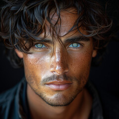 Close-up portrait of an older man with a serious expression and a dark beard, focusing on his eyes