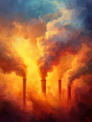 Obraz premium Image of industrial smokestacks emitting thick, colorful smoke into the sky, illustrating pollution and environmental impact.