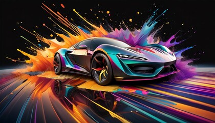 Colorful Sports Car with Paint Splash Effect