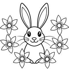 rabbit with flowers line art vector