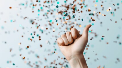 A close-up of a hand giving a thumbs-up amidst falling confetti, conveying celebration, success, and joy in a festive atmosphere.