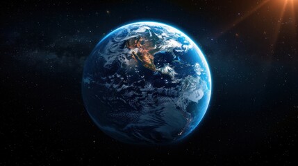 Earth from Space with Sun Rays and Stars