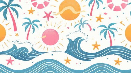 Seamless vector summer beach pattern with palm trees, ocean waves, suns, stars and beach balls in pastel colors.