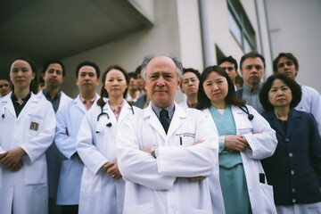 Fototapeta premium Portrait of a medical team standing outside the hospital