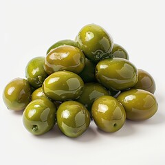 Front view of hyper realistic olives on a white background, showcasing detailed texture and vibrant colors in high quality.
