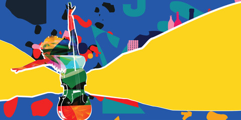 Dancing young woman with violoncello on colorful background. Dancing studio poster © abstract