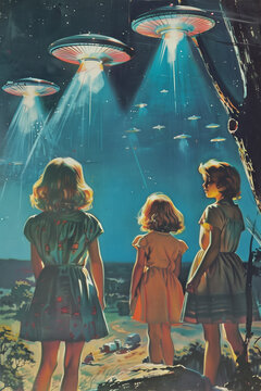 Retro 1960s flying saucer government propaganda poster with children looking up at alien UFO invasion