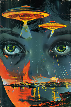 Retro 1960s flying saucer government propaganda poster with girl and alien UFO invasion