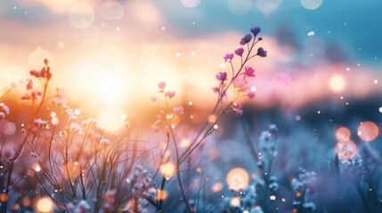 Soft, pastel sunset light illuminates wildflowers in a field.