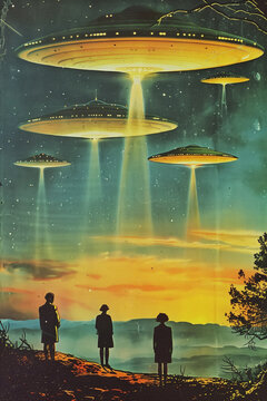 Retro 1960s flying saucer government propaganda poster with people looking up at alien UFO invasion