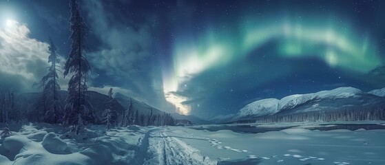 Fototapeta premium Northern Lights Over Snowy Mountains.