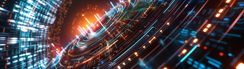 A detailed radial fractal with pulsating lights and tech grids, overlaying a metropolitan scene, side view, illustrating digital city life, advanced tone, Tetradic color scheme