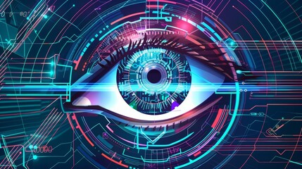 A digital eye with multi-layered holograms, surrounded by data streams, side view, emphasizing information processing, cybernetic tone, Triadic Color Scheme