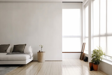 Livingroom interior wall mock up with white fabric sofa and pillows on white background with free space