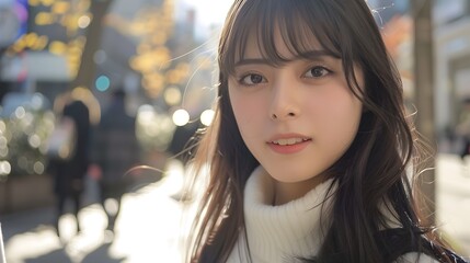 Obraz premium Cheerful young woman walking in the city on a sunny autumn day