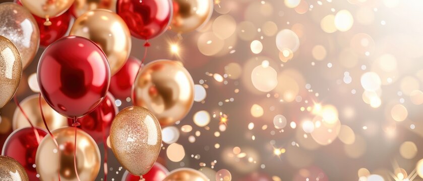 Carnival party with red and gold balloons, sparkling background, festive celebration theme