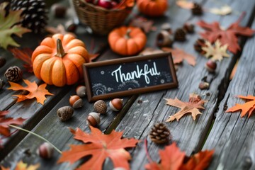 Thanksgiving Greetings. Pumpkins and dry leaves on a dark wooden background. Top view. Flat layer
