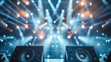 Concert stage with large speakers and light show, emphasizing live music experience and sound quality