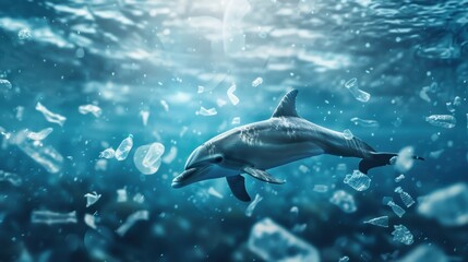 Obraz premium Dolphin surrounded by plastic waste, showcasing the environmental crisis affecting marine life