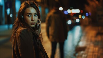 A woman is talking on her cell phone while standing on a sidewalk