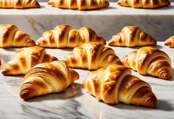 shiny golden croissants displayed elegant marble countertop, food, bakery, pastry, delicious, fresh, breakfast, snack, french, cuisine, buttery, flaky, baked