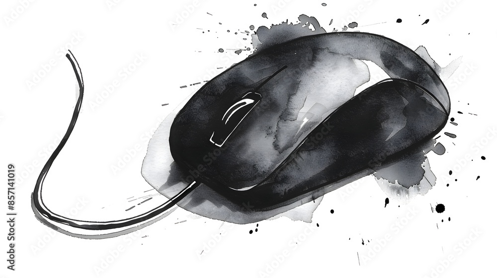 Poster watercolor of a computer mouse peripheral device on white background
