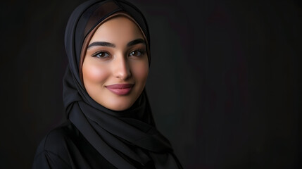 Naklejka premium Elegant Young Woman Wearing Hijab with Confident Smile on Black Background