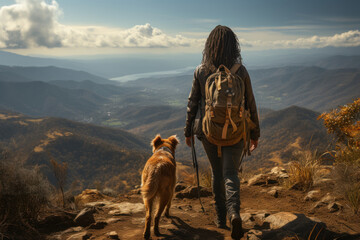 Hiker with dog enjoying scenic mountain view