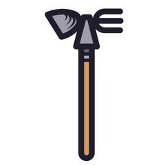 Double sided gardening tool hoe and rake or shovel and fork equipment colorful icon illustration isolated on square white background. Simple flat cartoon art styled object drawing.