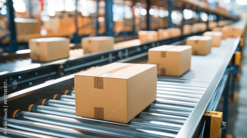 Poster automated packaging system with boxes moving on a conveyor, representing efficient fulfillment proce