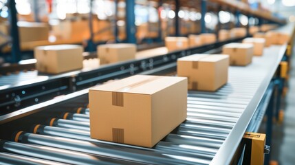 Automated packaging system with boxes moving on a conveyor, representing efficient fulfillment processes