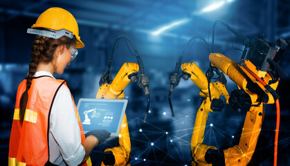 MLP Smart industry robot arms for digital factory production technology showing automation manufacturing process of the Industry 4.0 or 4th industrial revolution and IOT software to control operation.