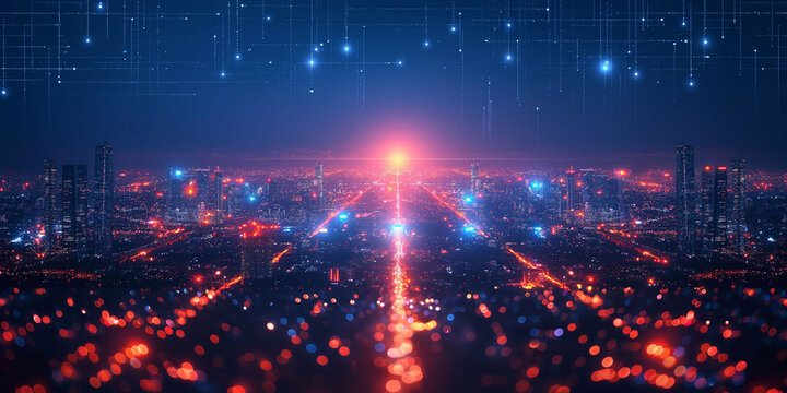 Internet and network infrastructure in a hyper connected world. A night time cityscape, a multitude of glowing, streaming lights, symbolizing the rapid data flow and connectivity of modern urban life.