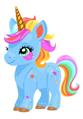 Cute little blue unicorn with bright hair and tail. Vector isolated illustration
