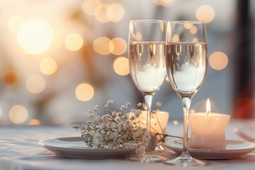 Two champagne flutes and a lit candle on a table with a bouquet of white flowers, set against a backdrop of twinkling lights.