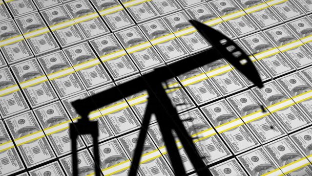 Petrodollar loop - oil rig shadow over dollar bills