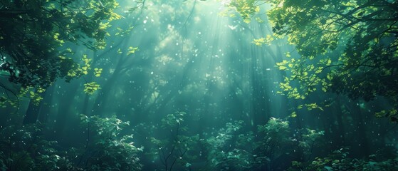Magical Forest with Sunbeams and Rain.