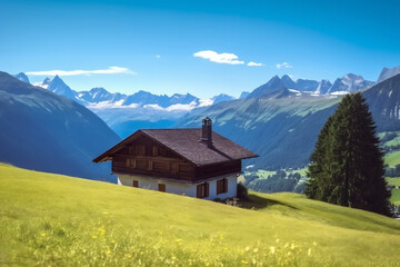 Fototapeta premium Traditional Swiss country house and amazing landscape