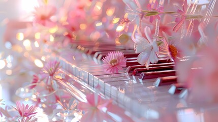 Pink and white glass piano and flowers illustration poster background