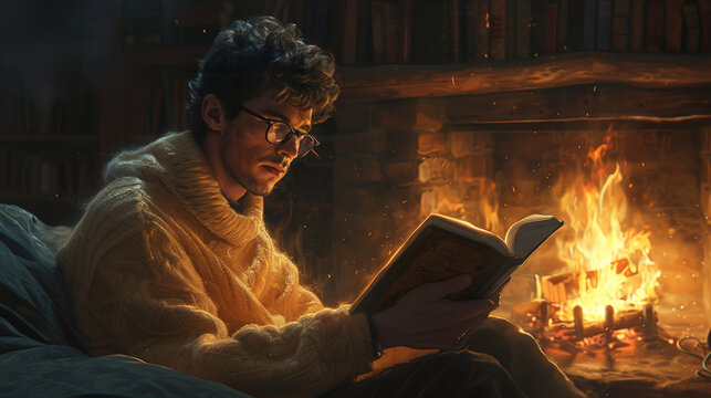 Man Reading by the Fireplace in Cozy Setting